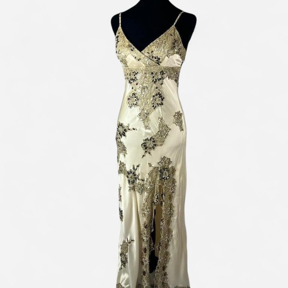 Cache Vintage Silk Beaded Lace Sequin Gown Ivory Formal Prom Evening Dress Sz 4